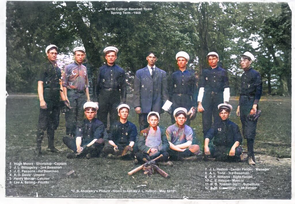 1908 Burritt College Baseball Team colored Daniel Haston Family
