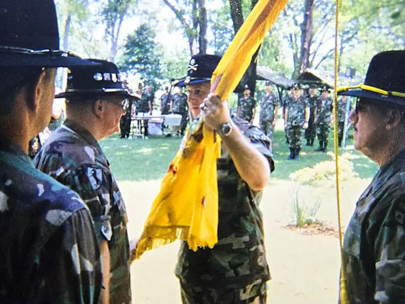 LTC Haston accepts Squadron Colors from the 4th Colonel of the Regiment, COL Matt McKnight, during Change of Command ceremony at historic Mabrey Hazen House in Knoxville, TN, assuming responsibility for the 3/278 ACR, 1997