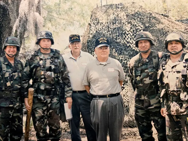 Field promotion to Colonel at Fort Stewart, GA, Annual Training, (l-r) BG Gus Hargett, COL Max Haston, 1st SGT (Ret) Jerry Haston, COL (Ret) Matt McKnight, COL Stan Jacobs, & COL Butch Price, 2002